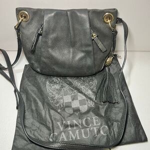 Vince Camuto Charcoal Gray Pebbled Leather Classic Crossbody Bag gold hardware